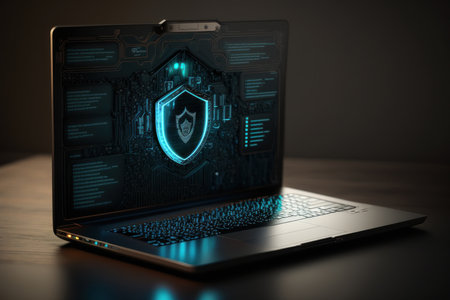 Concept of digital data protection and cyber security in laptop, digital illustration painting, Generative AIの素材