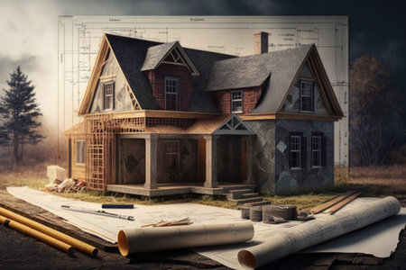 House under construction blueprint, digital illustration painting, Generative AIの素材
