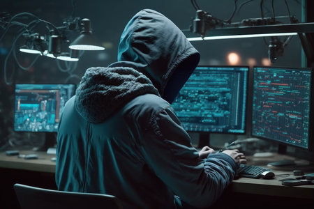 Hacker is working on hacking servers or websites with a multi-monitor environment, digital illustration painting, Generative AIの素材