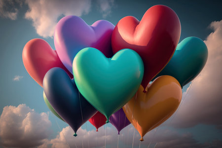 Flying colorful heart shape balloons on sky background with clouds, AI Generativeの素材