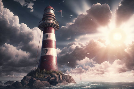 Lighthouse in the sunset time, digital illustration painting, Generative AIの素材