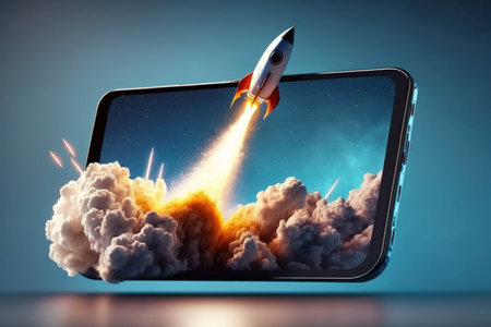 Launching space rocket from tablet or phone screen, digital illustration painting, Generative AIの素材