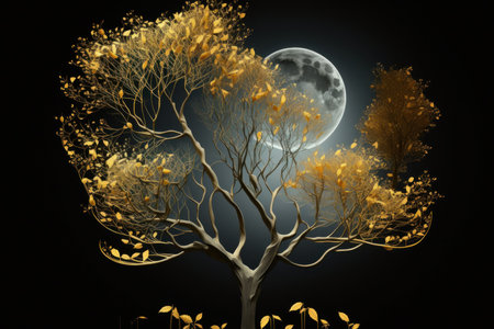 Tree with big moon illustration on dark background, digital illustration painting, Generative AIの素材