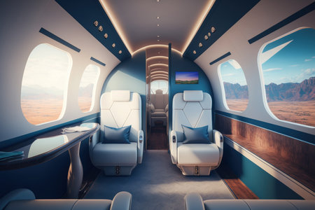 Luxurious interior inside VIP private airplane, digital illustration painting, Generative AIの素材