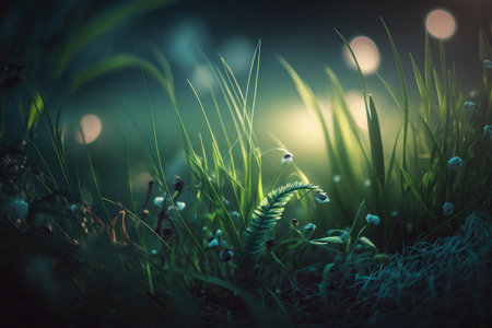 Close fresh grass background with sunlight, digital illustration painting, Generative AIの素材