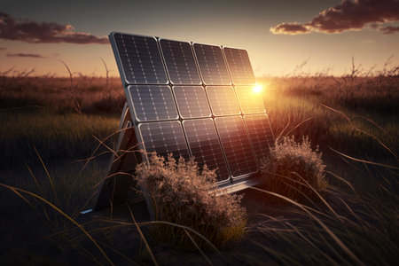 Sunset over solar panels, other sources of power. Eco-friendly power, AI Generativeの素材
