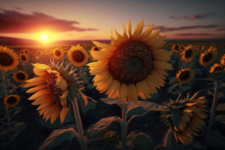 Field of sunflowers at sunset, evening landscape, AI Generativeの素材
