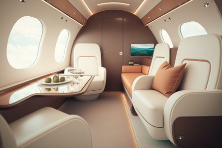 Luxurious interior inside VIP private airplane, digital illustration painting, Generative AIの素材