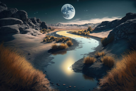 Moon night with long river and mountain, digital illustration painting, Generative AIの素材