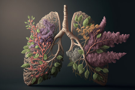 Lungs made from flowers and nature on dark background, digital illustration painting, Generative AIの素材