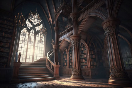 Gothic library with large steel beams and many books, digital illustration painting, Generative AIの素材