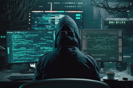 Hacker is working on hacking servers or websites with a multi-monitor environment, digital illustration painting, Generative AIの素材