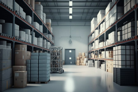 Large industrial warehouse with shelves full of goods, digital illustration painting, Generative AIの素材