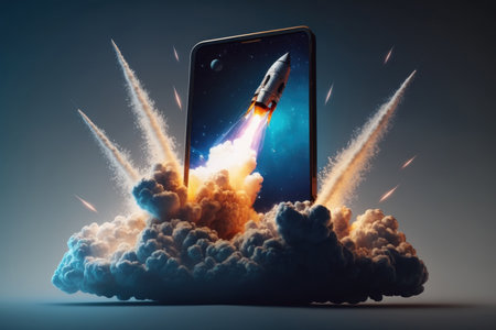 Launching space rocket from tablet or phone screen, digital illustration painting, Generative AIの素材