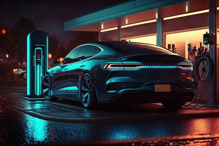 Luxury electro car on a charging station at night, digital illustration painting, Generative AIの素材