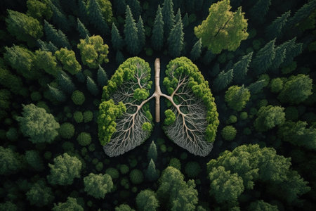 Human lungs made with fresh green plant leaves and herbs in forest, digital illustration painting, Generative AIの素材