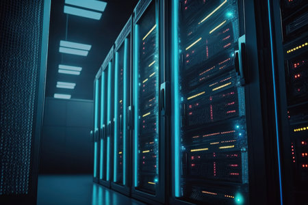 Dark server data center room with computers and storage systems in blue shades, AI Generativeの素材