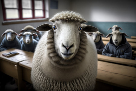 Sheep in a classroom. Illustration, Generative AIの素材
