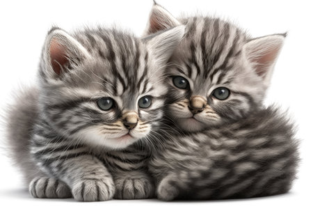 Two baby cats cubs cuddle together on a white background. Illustration, Generative AIの素材
