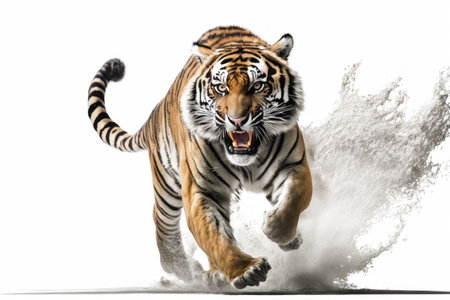 Tiger running on camera isolated on white background. Illustration, Generative AIの素材