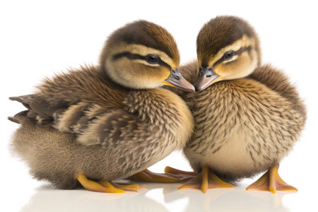 Two baby duck cubs cuddle together on a white background. Illustration, Generative AIの素材