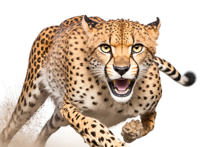 Cheetah running on camera isolated on white background. Illustration, Generative AIの素材
