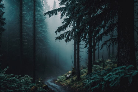 Dark and moody forest with mist and fog. Illustration, Generative AIの素材