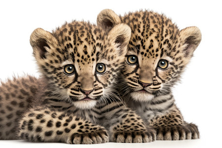 Two baby leopard cubs cuddle together on a white background. Illustration, Generative AIの素材