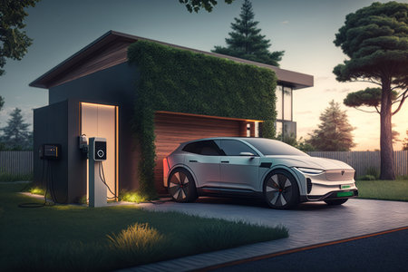 Progressive concept of EV car and home charging station. Illustration, Generative AIの素材