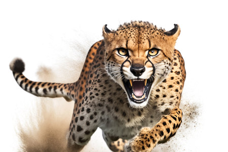 Cheetah running on camera isolated on white background. Illustration, Generative AIの素材