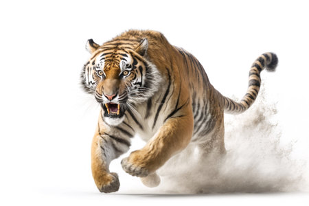 Tiger running on camera isolated on white background. Illustration, Generative AIの素材