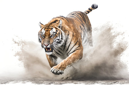 Tiger running on camera isolated on white background. Illustration, Generative AIの素材