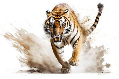Tiger running on camera isolated on white background. Illustration, Generative AIの素材