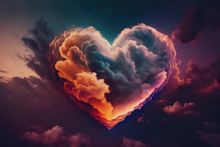 Colorful Valentine day heart in the clouds. Illustration, Generative AIの素材