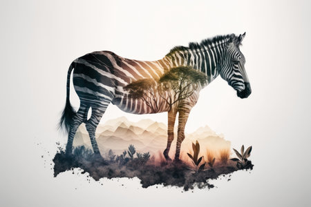 Zebra and the African savannah double exposure. Illustration, Generative AIの素材