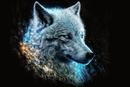 Magic frost wolf with blue eyes on black background. Illustration, Generative AIの素材