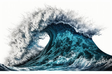 Large stormy sea wave in deep blue isolated on white. Illustration, Generative AIの素材