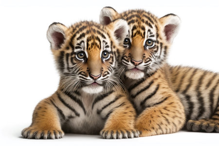 Two baby tigers cubs cuddle together on a white background. Illustration, Generative AIの素材