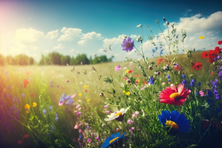 Stunning springtime scene with vibrant wildflowers. Illustration, Generative AIの素材