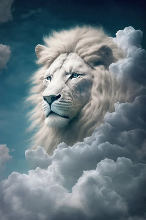 Lion's head in the white clouds. Illustration, Generative AIの素材