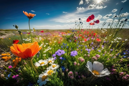 Stunning springtime scene with vibrant wildflowers. Illustration, Generative AIの素材