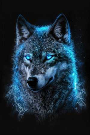 Magic frost wolf with blue eyes on black background. Illustration, Generative AIの素材