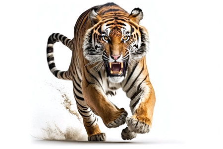 Tiger running on camera isolated on white background. Illustration, Generative AIの素材