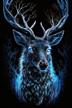 Magic frost deer with blue eyes on black background. Illustration, Generative AIの素材