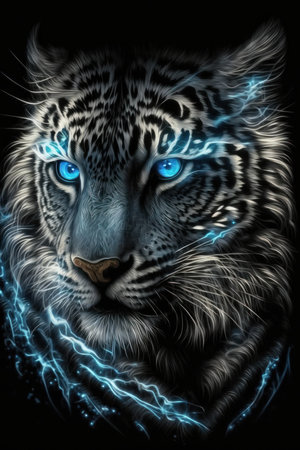 Magic frost tiger with blue eyes on black background. Illustration, Generative AIの素材