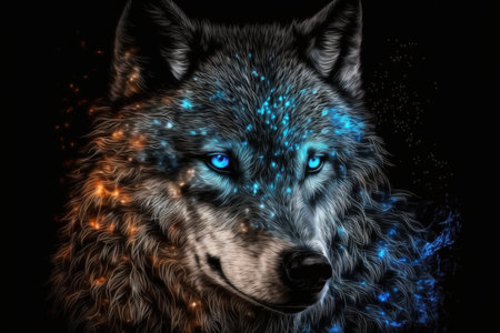 Magic frost wolf with blue eyes on black background. Illustration, Generative AIの素材