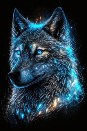 Magic frost wolf with blue eyes on black background. Illustration, Generative AIの素材