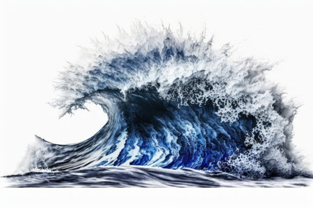 Large stormy sea wave in deep blue isolated on white. Illustration, Generative AIの素材