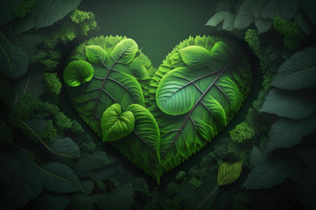 Green heart shapes with leaf on green forest background. Illustration, Generative AIの素材