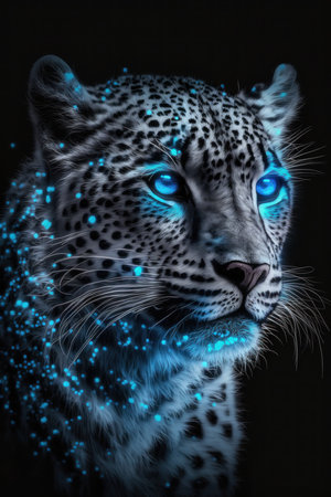 Magic frost leopard with blue eyes on black background. Illustration, Generative AIの素材